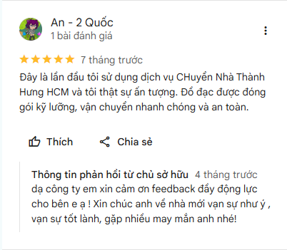 Đánh giá Google chuyển nhà Thành Hưng đóng gói kỹ lưỡng
