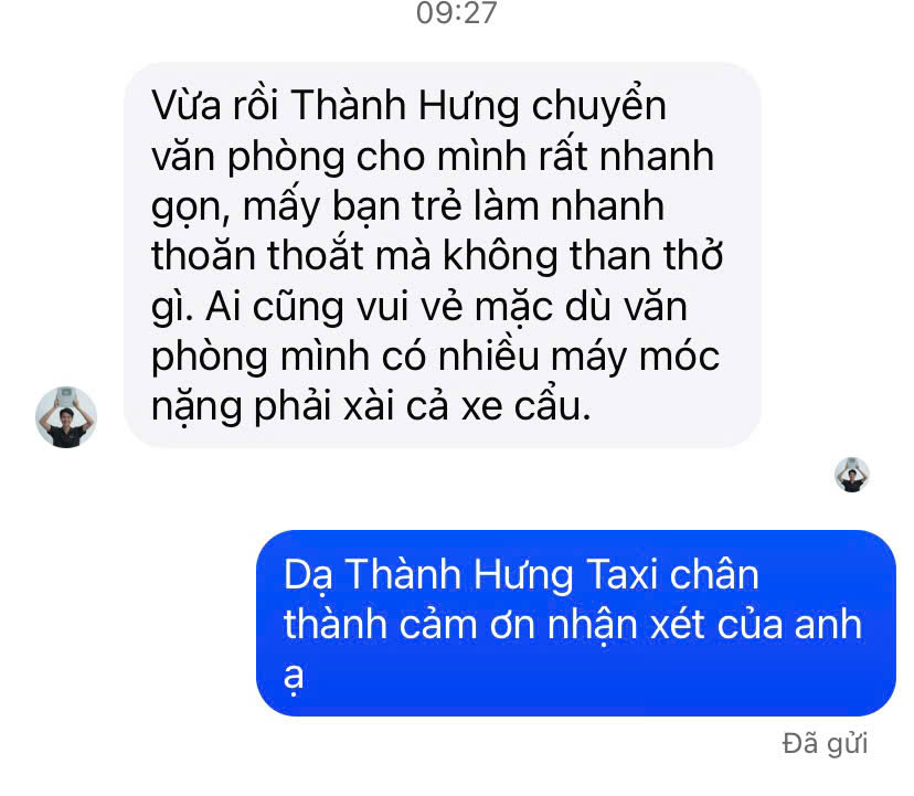 Tin nhắn Facebook khách khen Thành Hưng chuyển văn phòng nhanh gọn
