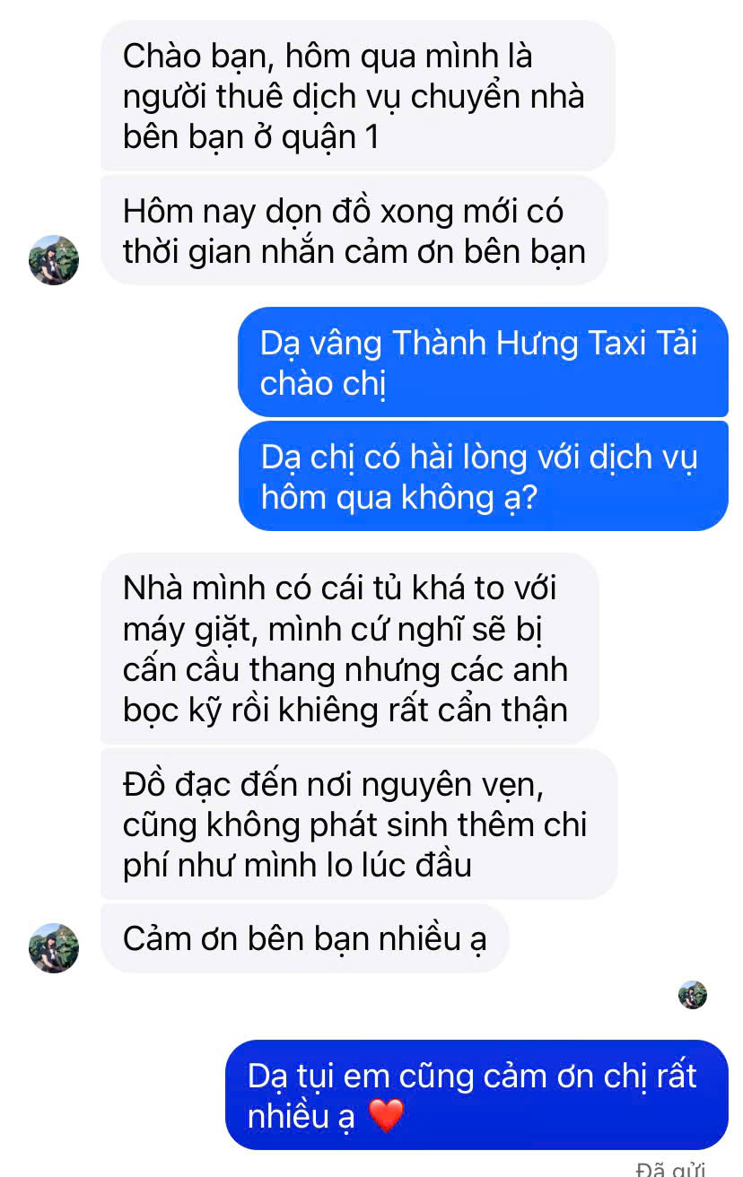 Tin nhắn khách chuyển nhà Quận 1 khen Thành Hưng đồ đạc nguyên vẹn
